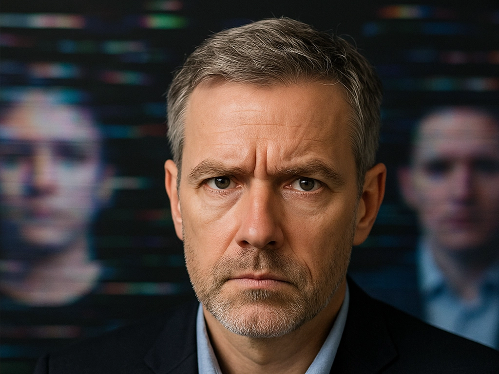 Concerned man in front of blurred digital faces — representing confusion and identity manipulation caused by deepfake technology.