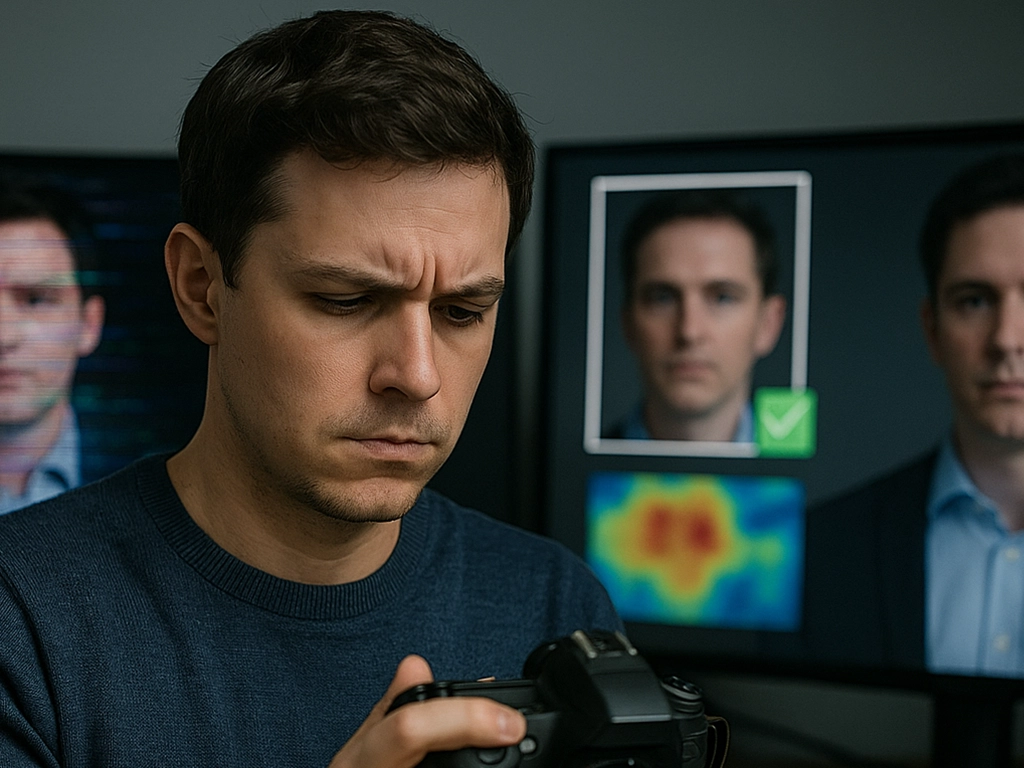 Journalist using technical tools and visual heatmaps to verify the authenticity of digital images — illustrating professional deepfake detection.