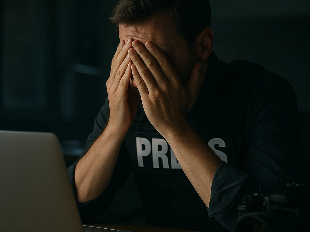 Stressed journalist covering face in a dark office — representing emotional burnout and the psychological toll of press work.