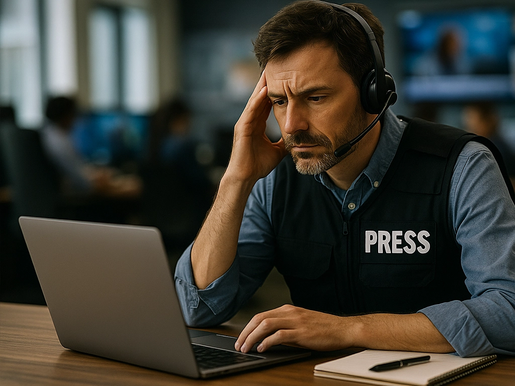 Focused journalist wearing a press vest and headset — depicting pressure from deadlines and constant news coverage.