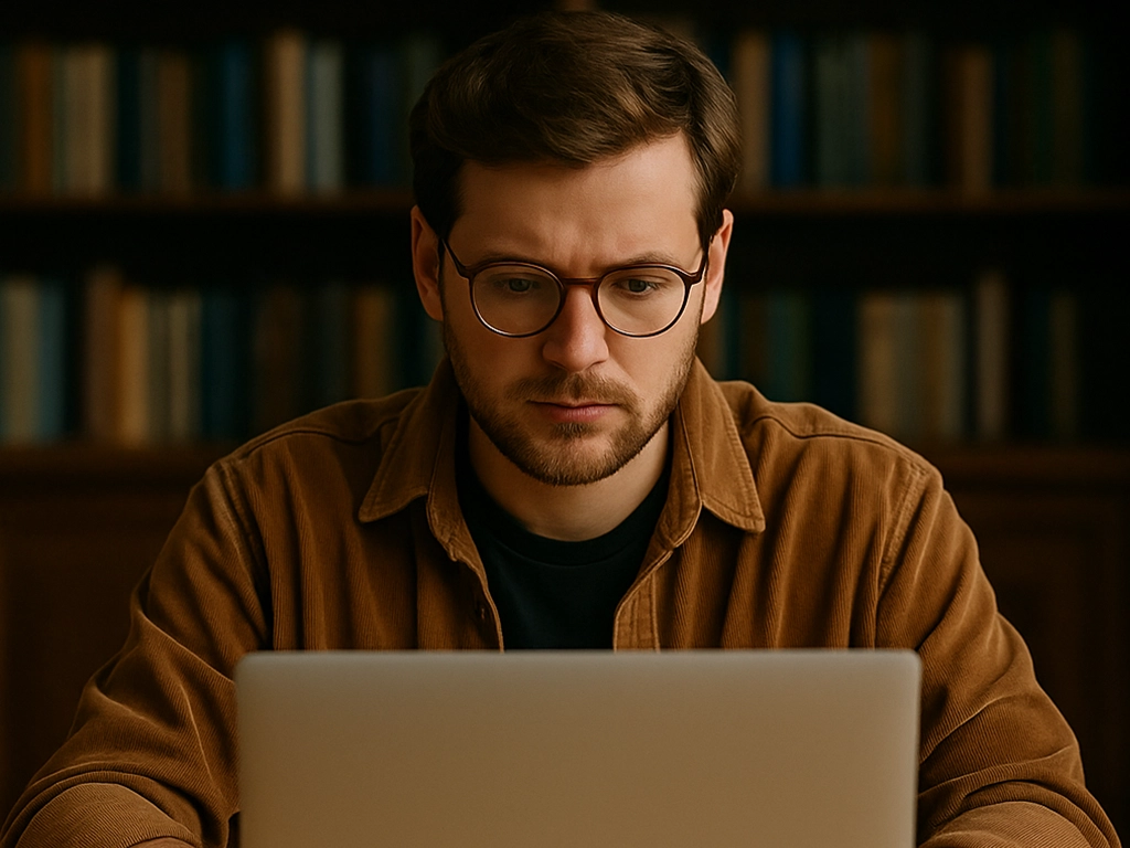 Young journalist in a library working on a laptop — symbolizing the quiet resilience and internal pressure behind reporting.