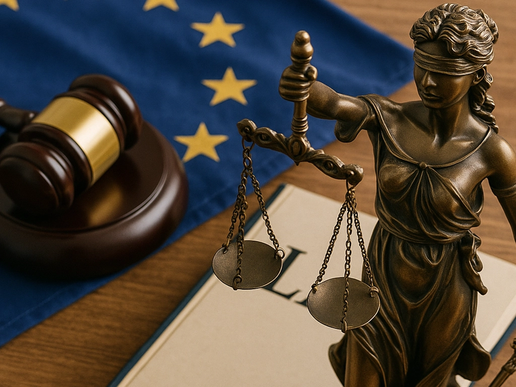 Bronze statue of Lady Justice next to a judge's gavel and a law book, with the EU flag in the background.