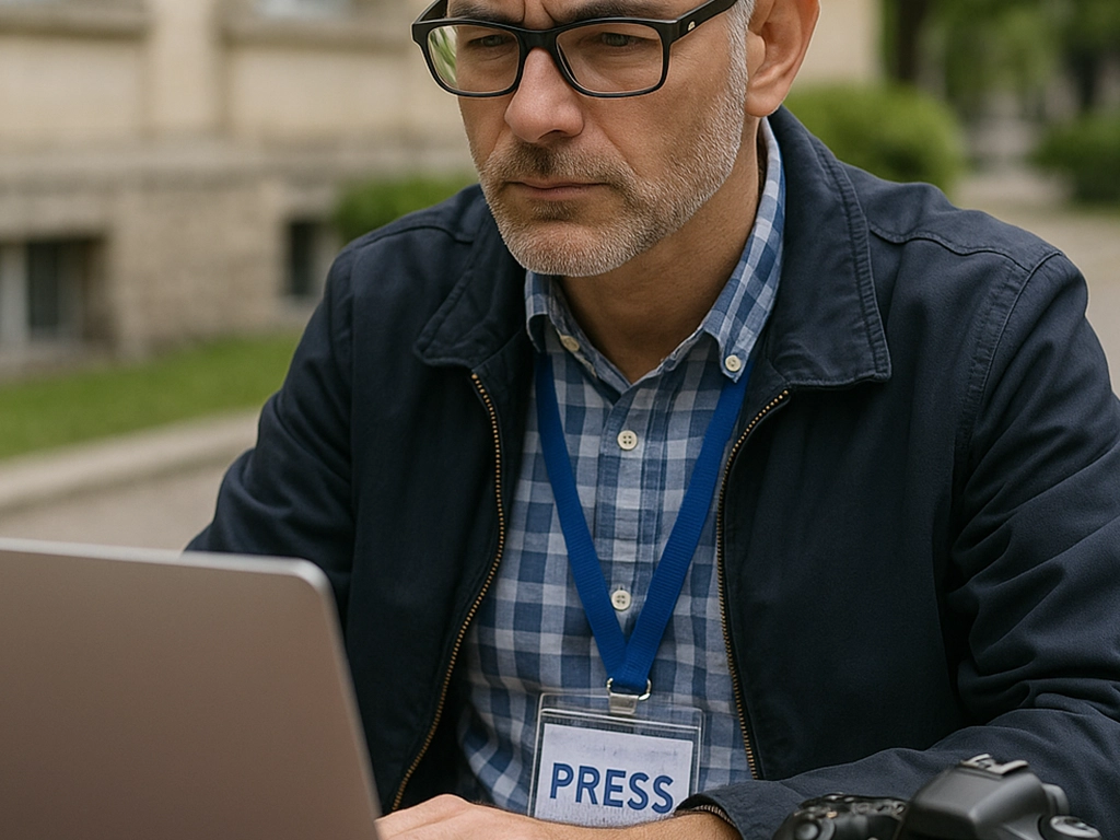 Male journalist wearing a press badge and glasses working on a laptop outdoors.