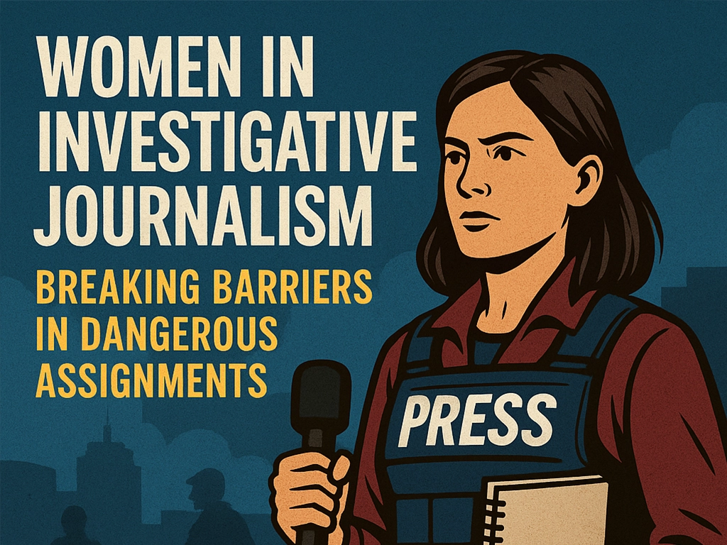 Illustration of a female investigative journalist in a bulletproof PRESS vest holding a microphone and notebook, with the text 'Women in Investigative Journalism – Breaking Barriers in Dangerous Assignments' in the background.