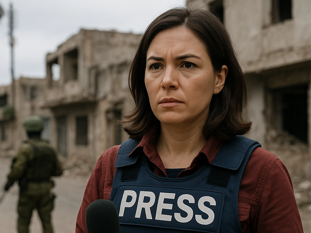 Female journalist in a red shirt and PRESS vest standing in a war-torn urban area, holding a microphone with a serious expression, while a soldier walks in the background. Female journalist in a red shirt and PRESS vest standing in a war-torn urban area, holding a microphone with a serious expression, while a soldier walks in the background.