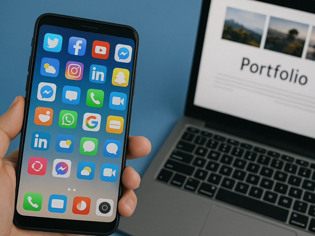 Smartphone screen displaying social media apps in front of laptop showing digital portfolio page