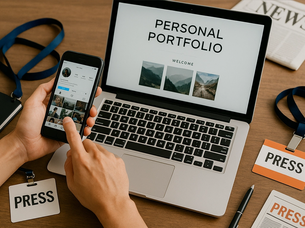 Journalist managing personal portfolio on laptop while using smartphone surrounded by press badges and notes Journalist managing personal portfolio on laptop while using smartphone surrounded by press badges and notes