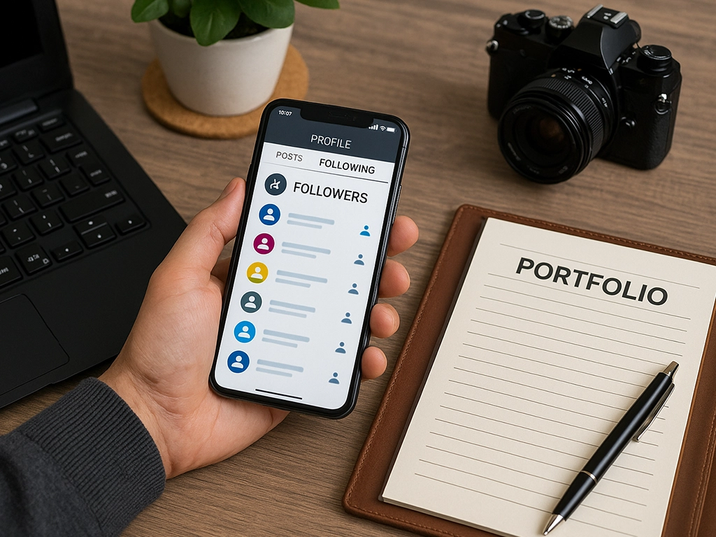 Smartphone showing social media followers list beside camera and notebook labeled portfolio Smartphone showing social media followers list beside camera and notebook labeled portfolio
