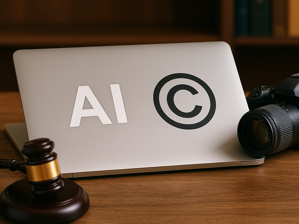 Laptop with AI and copyright symbols next to camera and gavel, illustrating the intersection of artificial intelligence and copyright law Laptop with AI and copyright symbols next to camera and gavel, illustrating the intersection of artificial intelligence and copyright law
