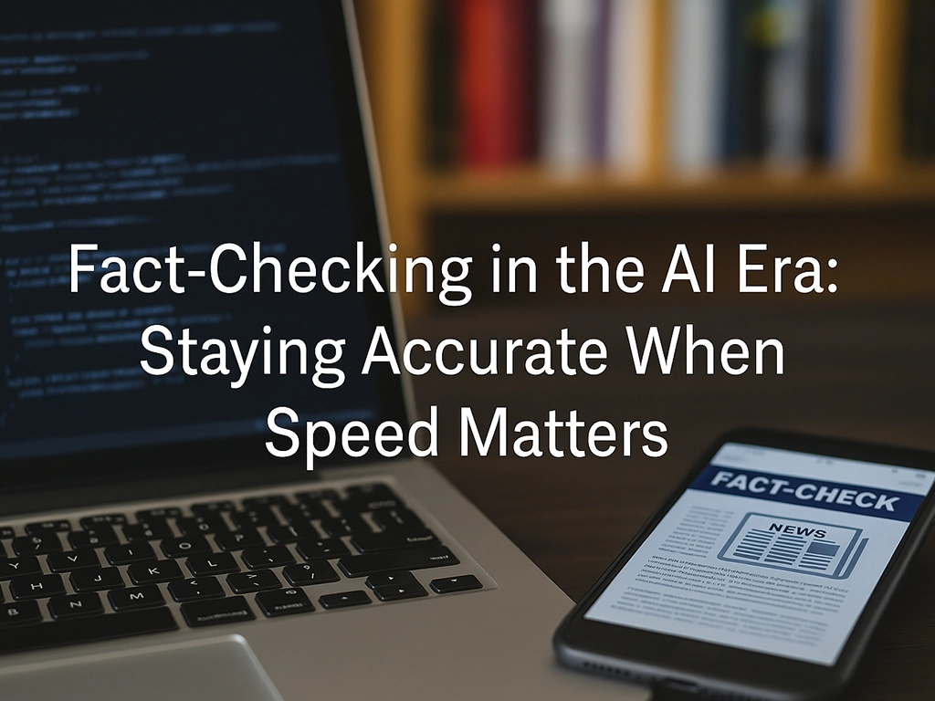 Laptop and smartphone on desk displaying fact-checking content, symbolizing journalism accuracy in the AI era