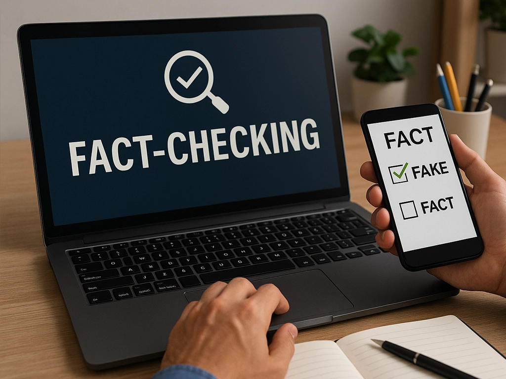 Person using laptop and smartphone for fact-checking, illustrating the verification process in digital journalism