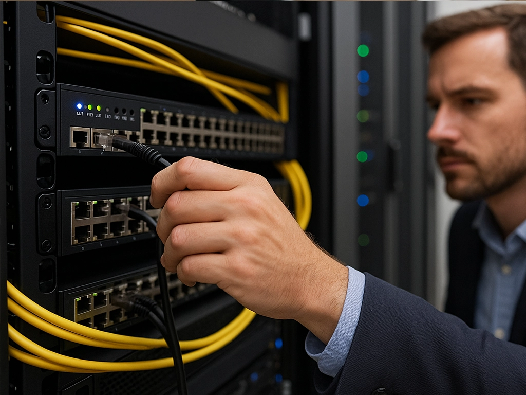 Technician connecting cables in data center, representing the technological infrastructure behind information verification