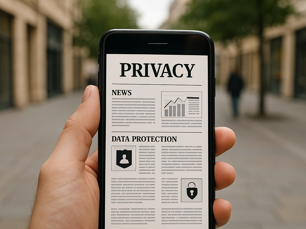 Hand holding smartphone showing privacy and data protection news, symbolizing digital media ethics and verification