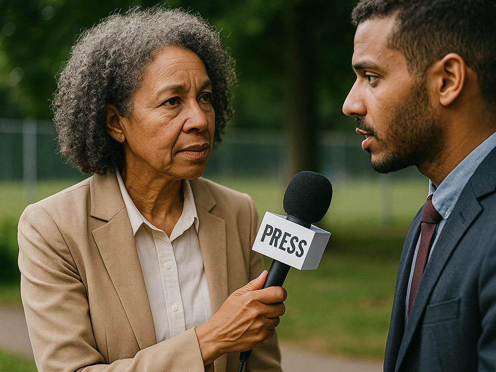 A senior female journalist interviewing a young man with a microphone labeled PRESS in a park.
