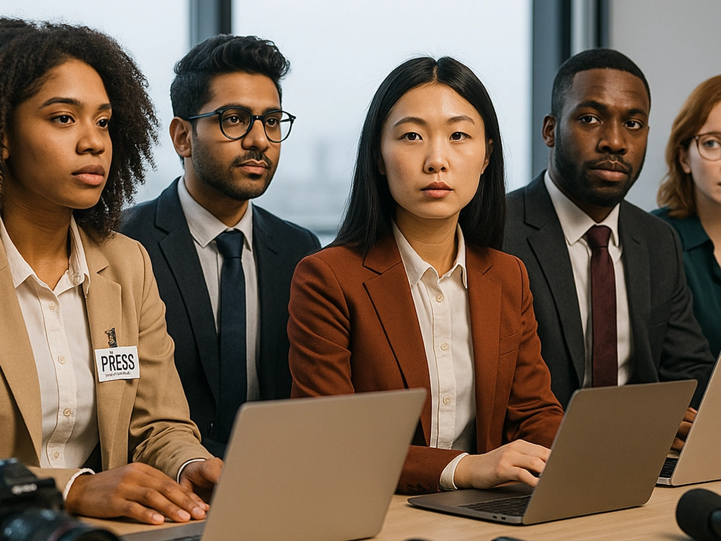 A group of diverse journalists sitting at a newsroom table with laptops, representing diversity in modern media.