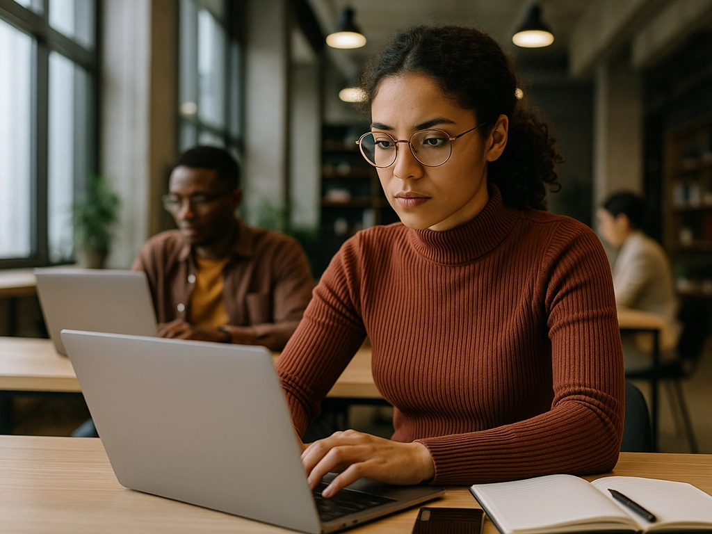 A focused female journalist working on a laptop in a newsroom, symbolizing diversity and dedication in journalism.