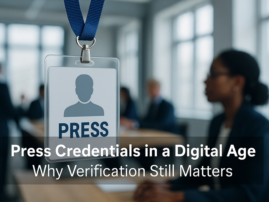 A close-up of a press ID badge hanging on a blue lanyard in a newsroom, symbolizing modern journalism and verification in the digital age.