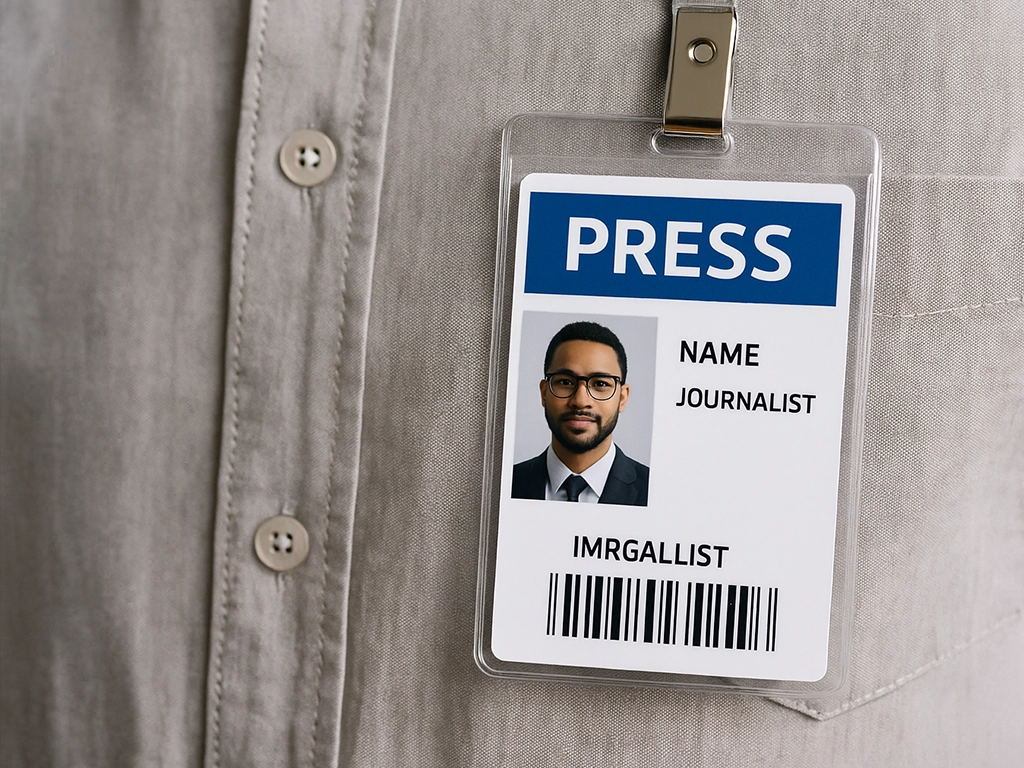 A professional journalist wearing a visible press identification badge on a shirt, representing verified media credentials.