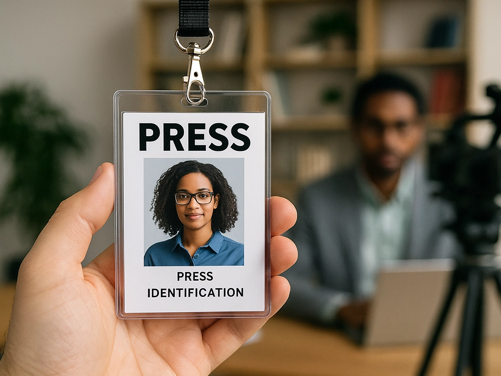 A hand holding a press ID card in front of a journalist working on a laptop, symbolizing identity verification and professionalism in journalism.