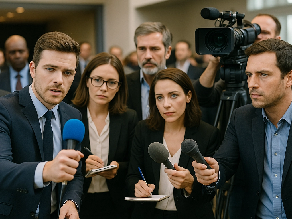 A group of reporters holding microphones and taking notes at a press conference, highlighting the importance of verified press access.