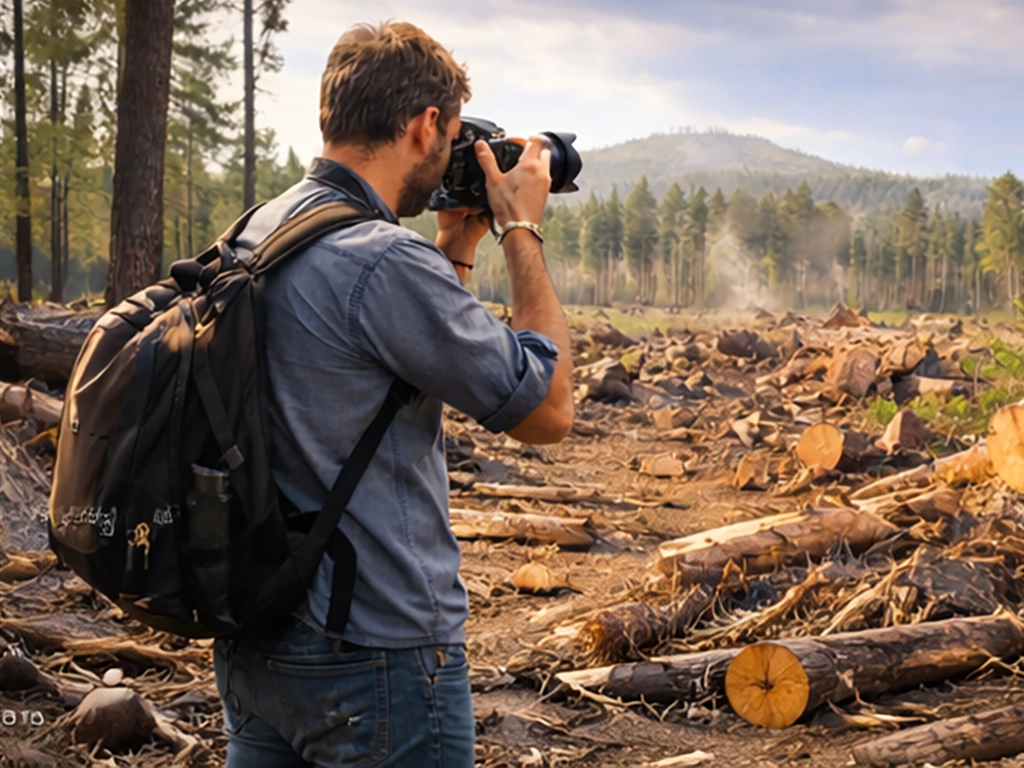Male photojournalist capturing images in a deforested area, highlighting local environmental reporting