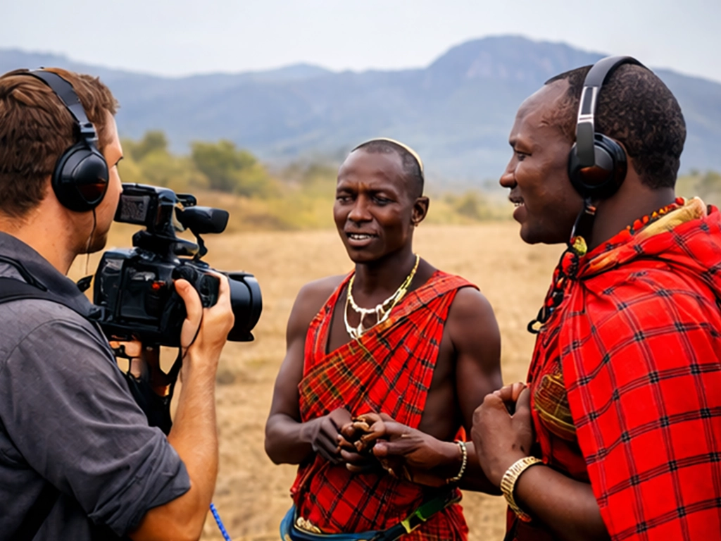 Journalist conducting an interview with two Maasai men in traditional clothing, representing global storytelling from local communities.