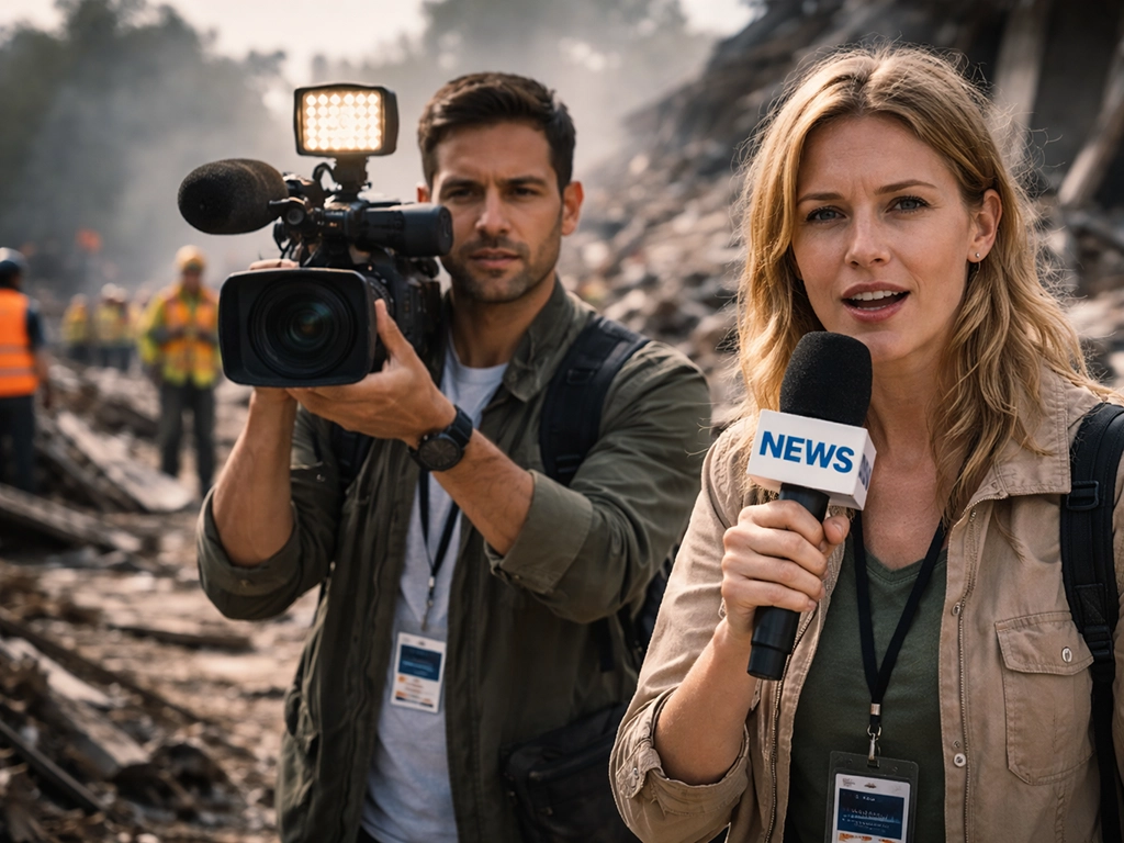 Field reporters covering a disaster scene during live news reporting
