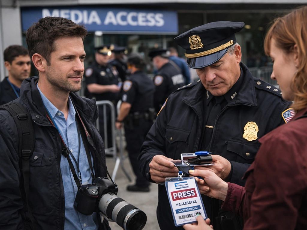 Journalists at a media access checkpoint during a major public event