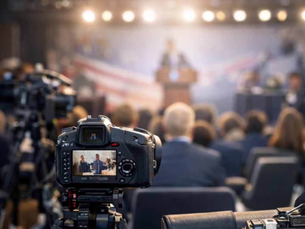 Journalist recording a press conference with camera