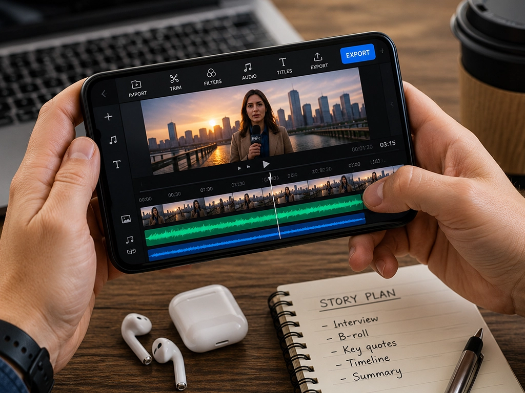 Hands editing a video news report in a smartphone editing app next to a notebook with a story plan