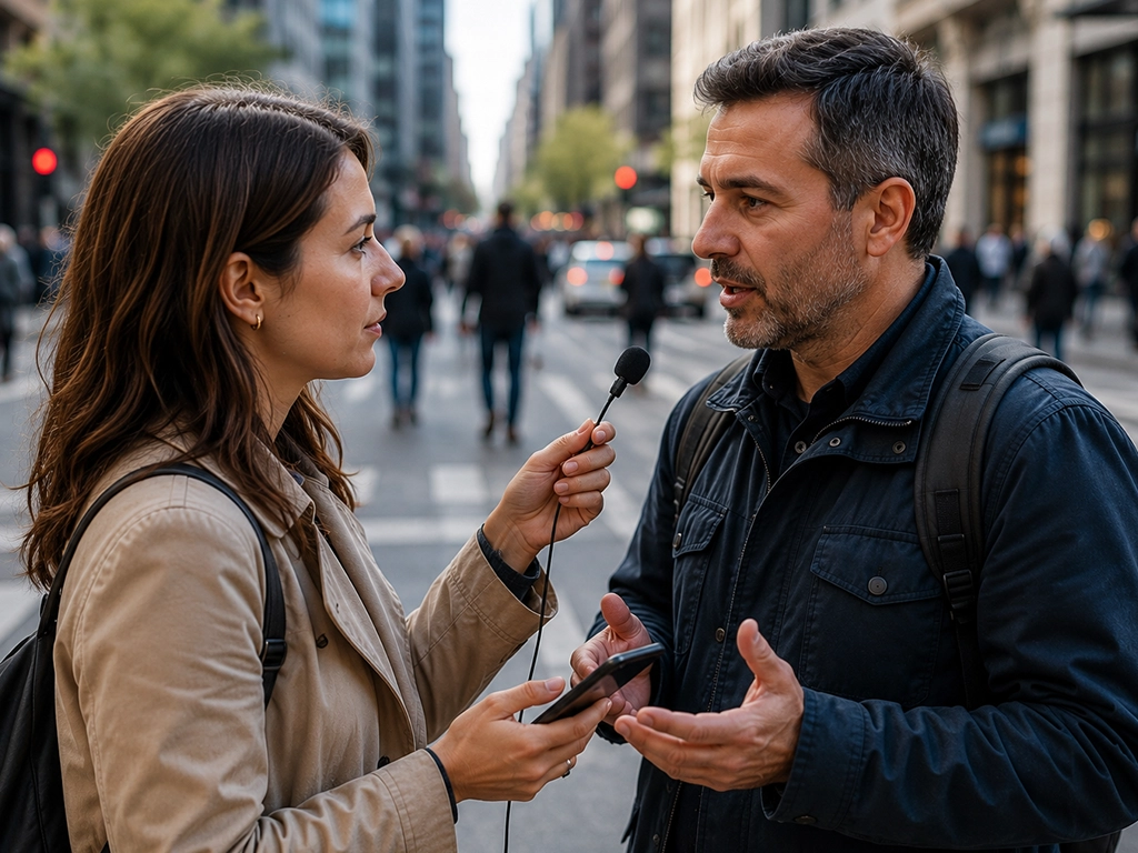 Journalist interviewing a man on a city street using an external microphone connected to a smartphone