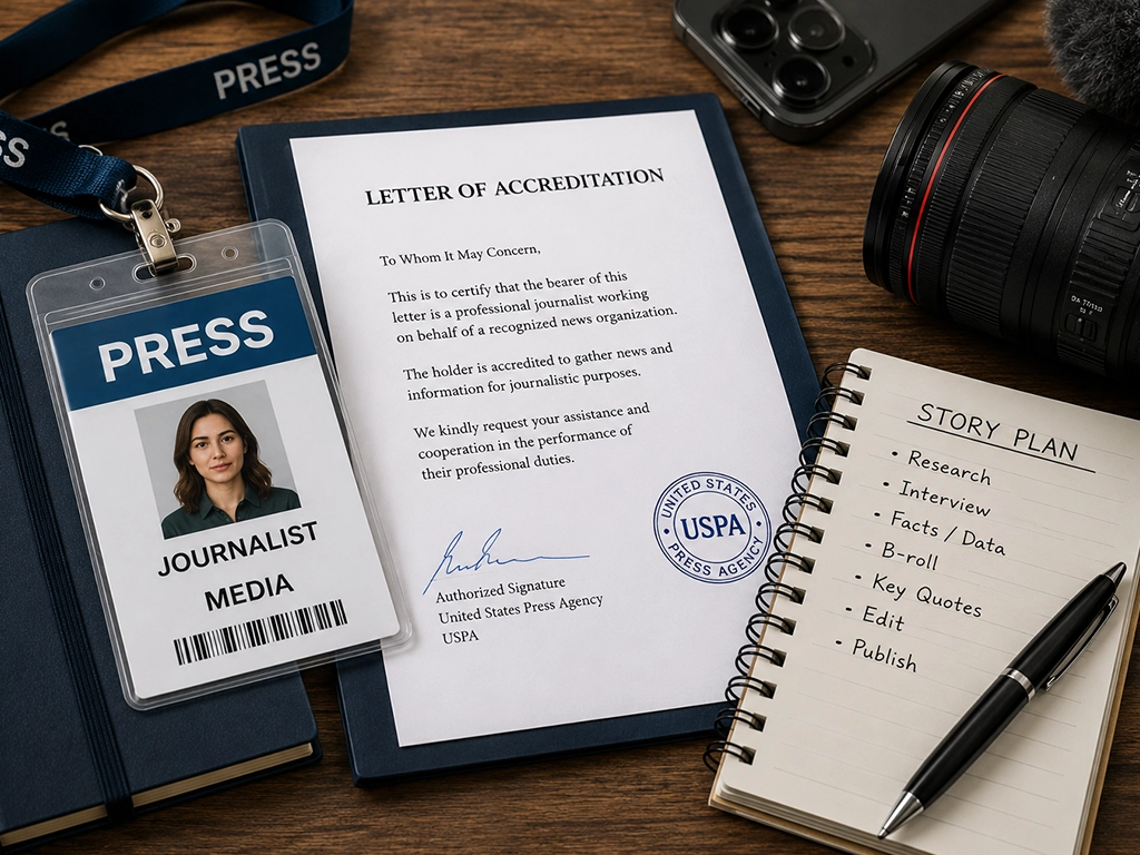 USPA press pass and letter of accreditation on a desk beside a smartphone, camera lens and notebook