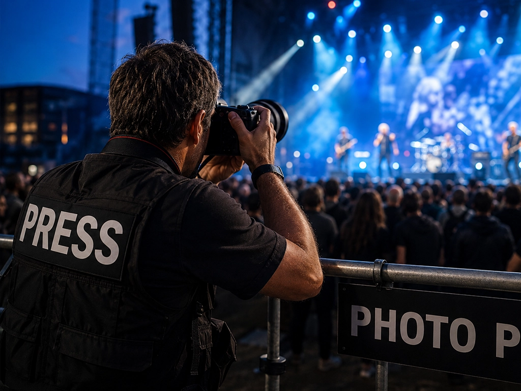 Press photographer in a marked press vest shooting a band from the photo pit at an outdoor festival stage, with the crowd behind the barrier