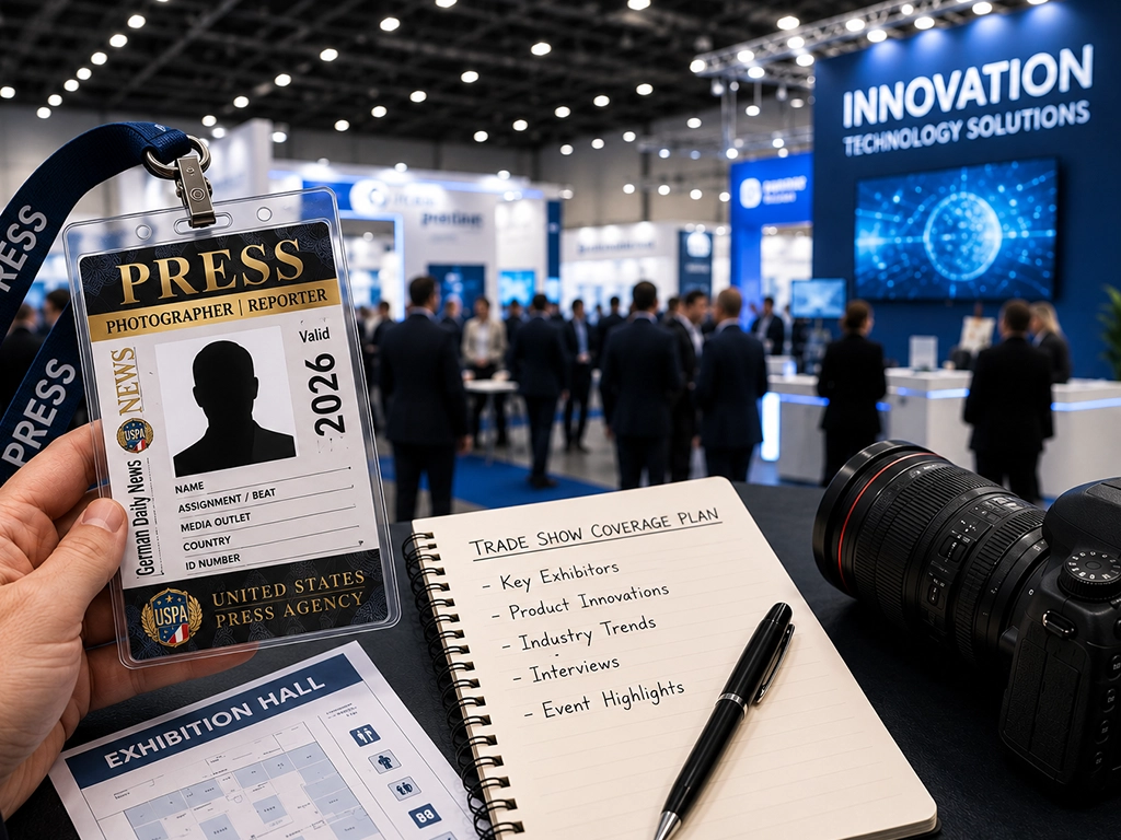 Journalist holding a USPA press pass on a lanyard in a trade show exhibition hall, next to a hall plan, camera and a trade show coverage plan