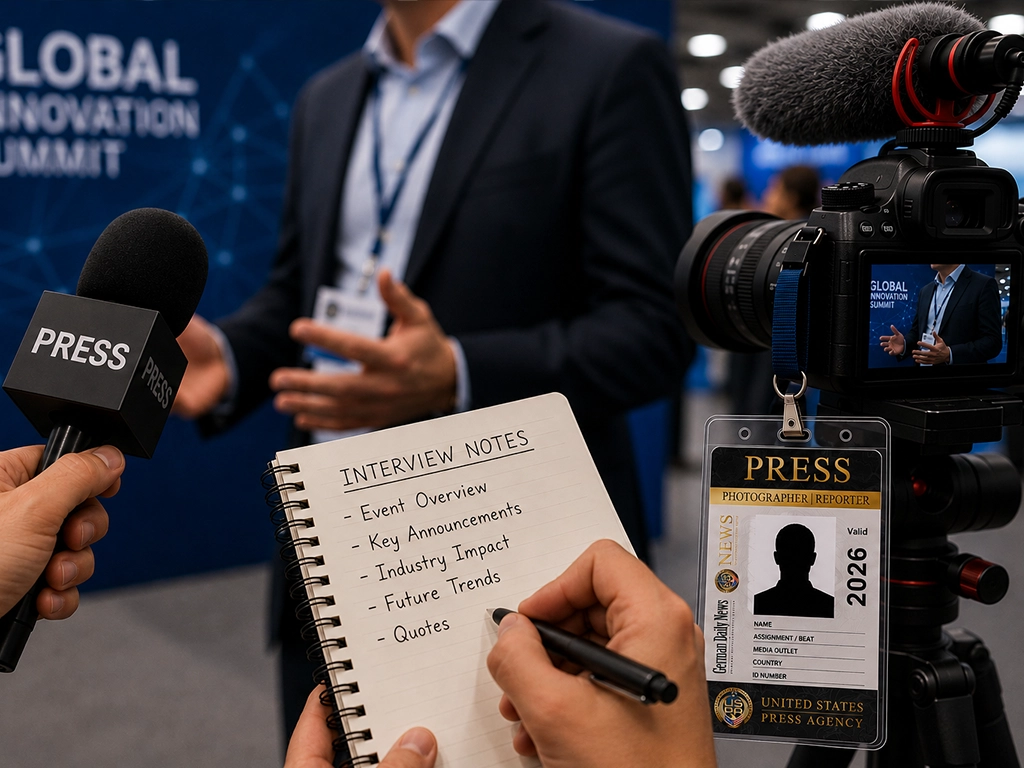 Reporter taking interview notes while filming a speaker at an industry summit, with a press microphone, camera on a tripod and a press pass attached