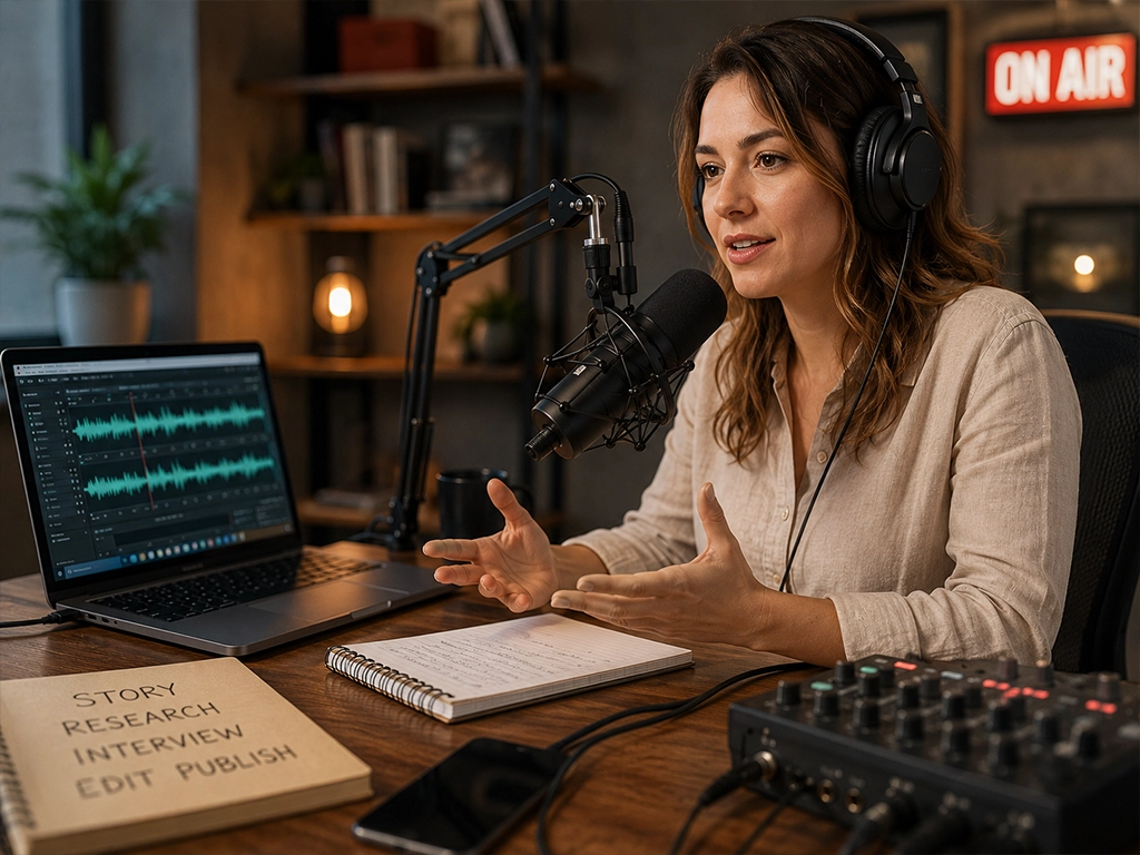 Journalist wearing headphones speaking into a studio microphone at a desk with a laptop showing an audio waveform, a mixer and an on-air sign