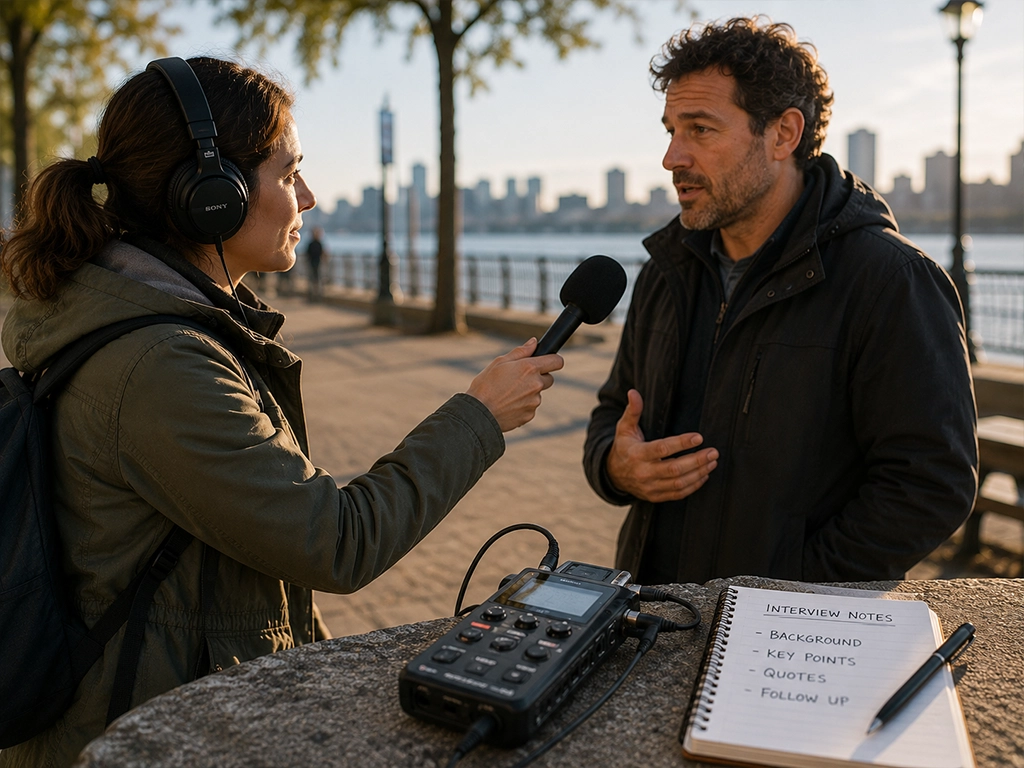 Reporter in headphones holding a microphone to interview a man outdoors by the waterfront, with a portable audio recorder and interview notes on the ledge