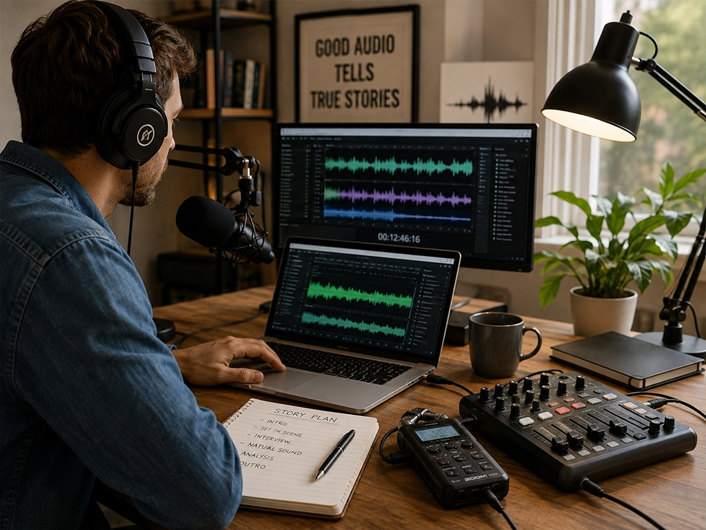 Audio journalist in headphones editing waveforms in editing software on a laptop and monitor, with a field recorder, mixer and a story plan notebook on the desk