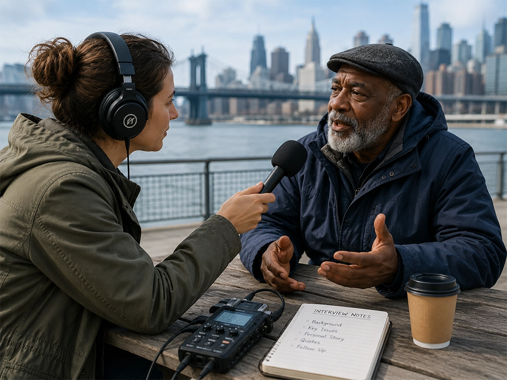 Reporter in headphones interviewing an older man at a waterfront table with a city skyline behind, a microphone in hand and a field recorder and interview notes on the table