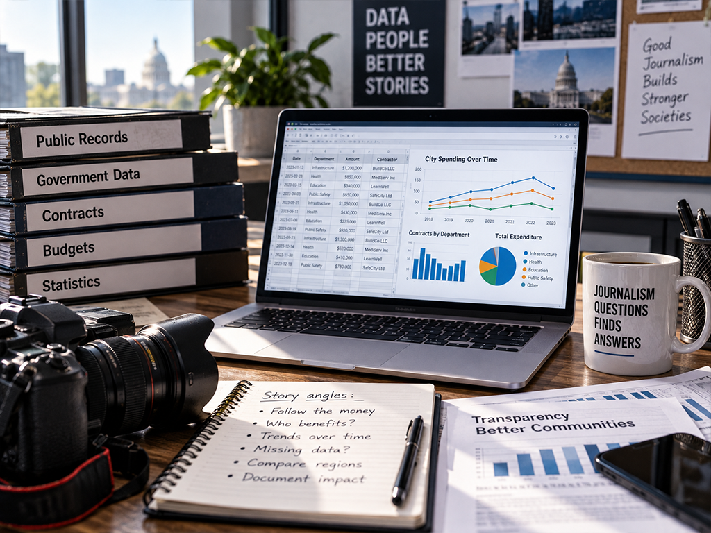 Data journalist studying charts of public spending by sector and region on a monitor, with a workflow checklist and printed key findings on the desk