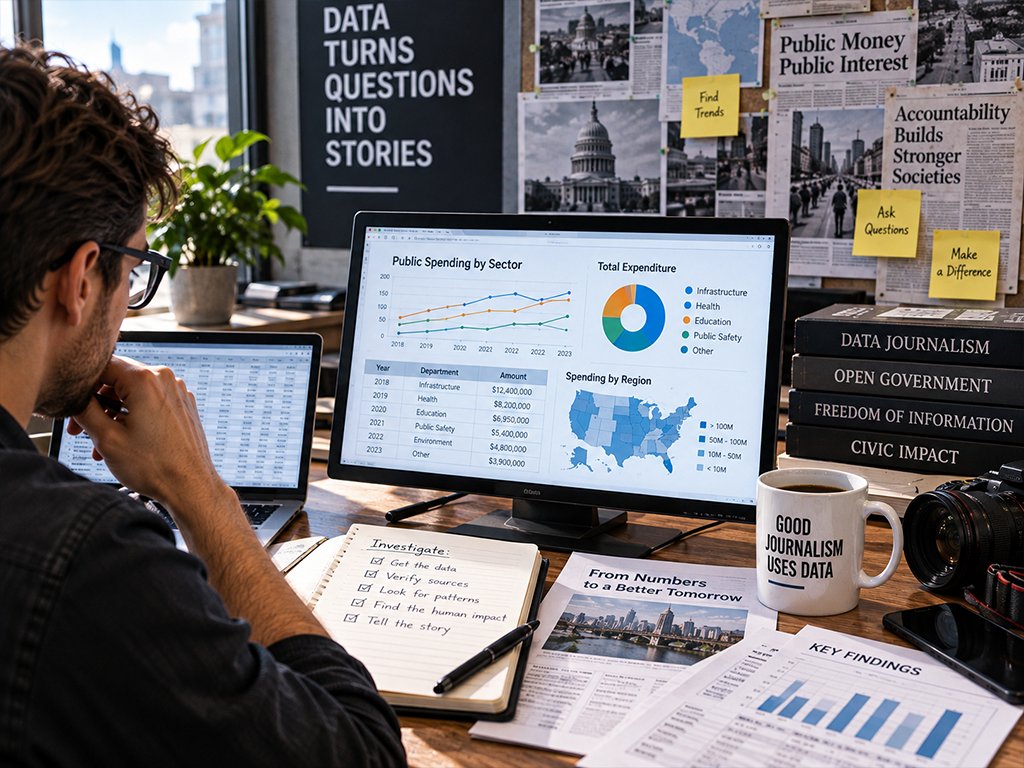 Laptop showing a spending spreadsheet and charts by department and year, beside labelled binders of public records and a notebook of data story angles