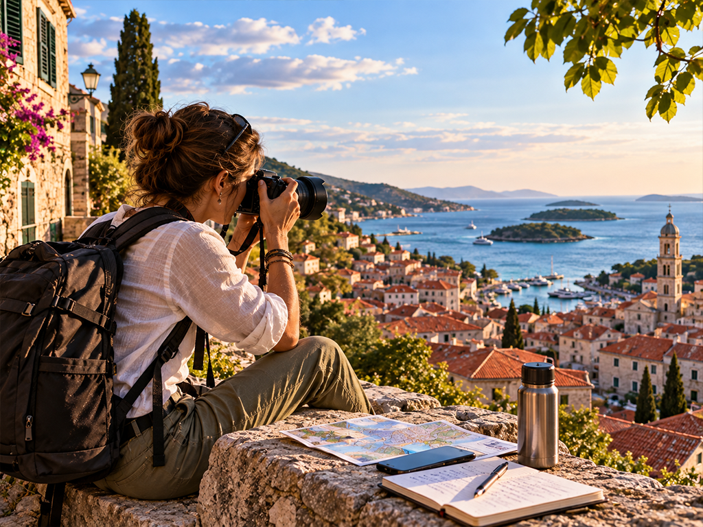 Travel journalist with a backpack photographing a Mediterranean harbour town from a hilltop, with a map, notebook and phone beside her